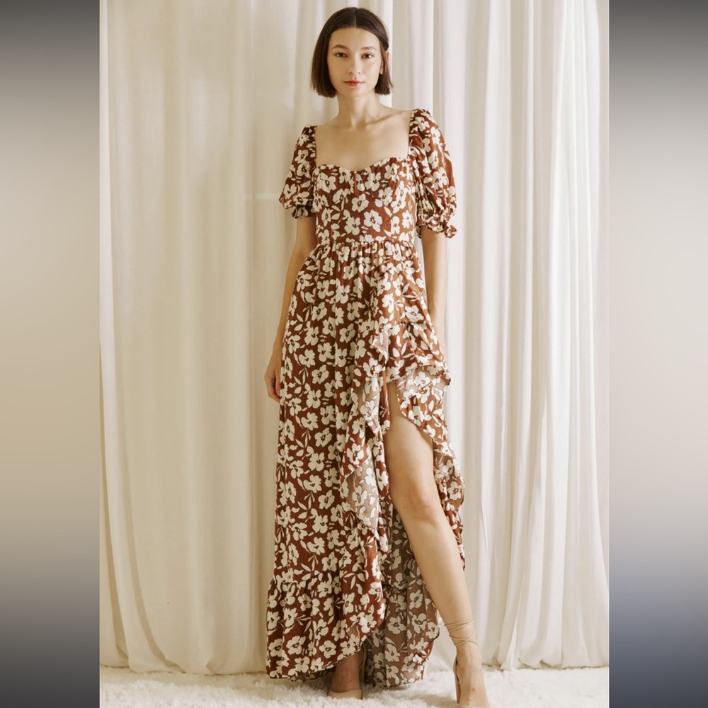 Fabrik/ Fab'rik Brown and White Floral Puff Sleeve Maxi Dress